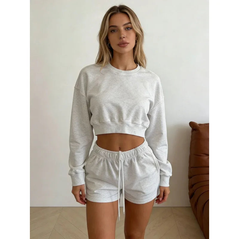 Women's Round-Neck Long-Sleeved Loose Couple Hoodie Set, Solid Color and Simple