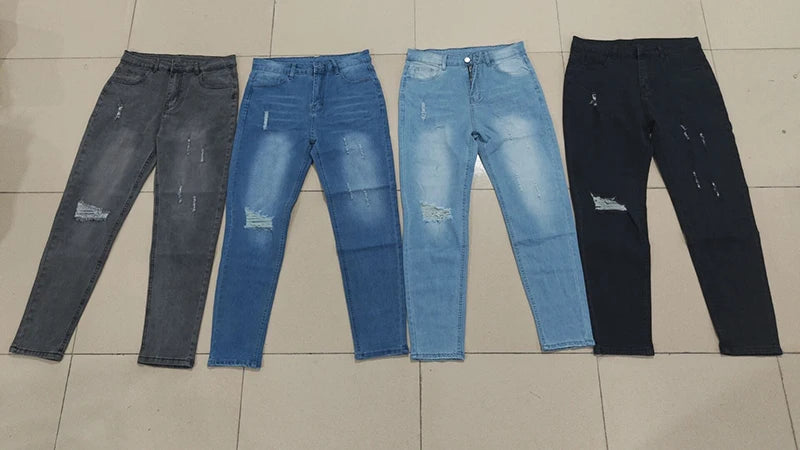 2026 Spring Men's Distressed Skinny Jeans Vintage Wash Elastic Biker Holes Casual Slim Fit Streetwear Denim Pencil Pants Joggers