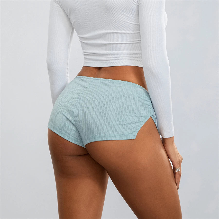 Puloru Summer Flower Decor Low Rise Hot Shorts Sexy Fashion Women's Elastic Band Slit Hem Bodycon Short Pants for Lounge Street