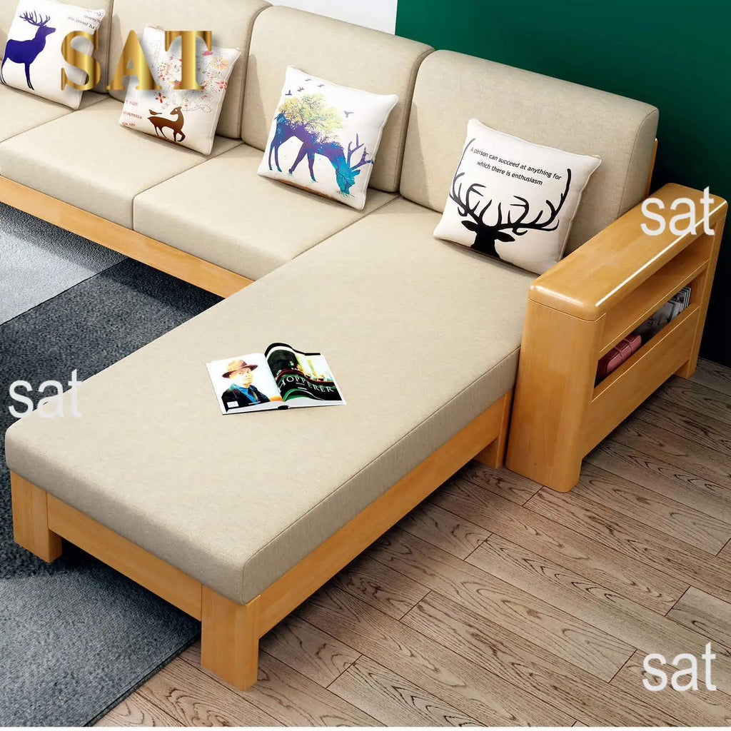 For Living Room Full Solid Wood Sofa Combination of Modern Chinese Small Apartment Three Solid Wood Fabric Sofa Bed
