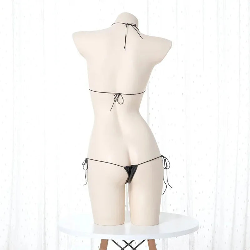 Summer Beach Womens Micro Mini Bikini Set Women Sexy Underwear Temptation Leather Lace-Up Bra Outfit Costumes Cosplay Swimsuit