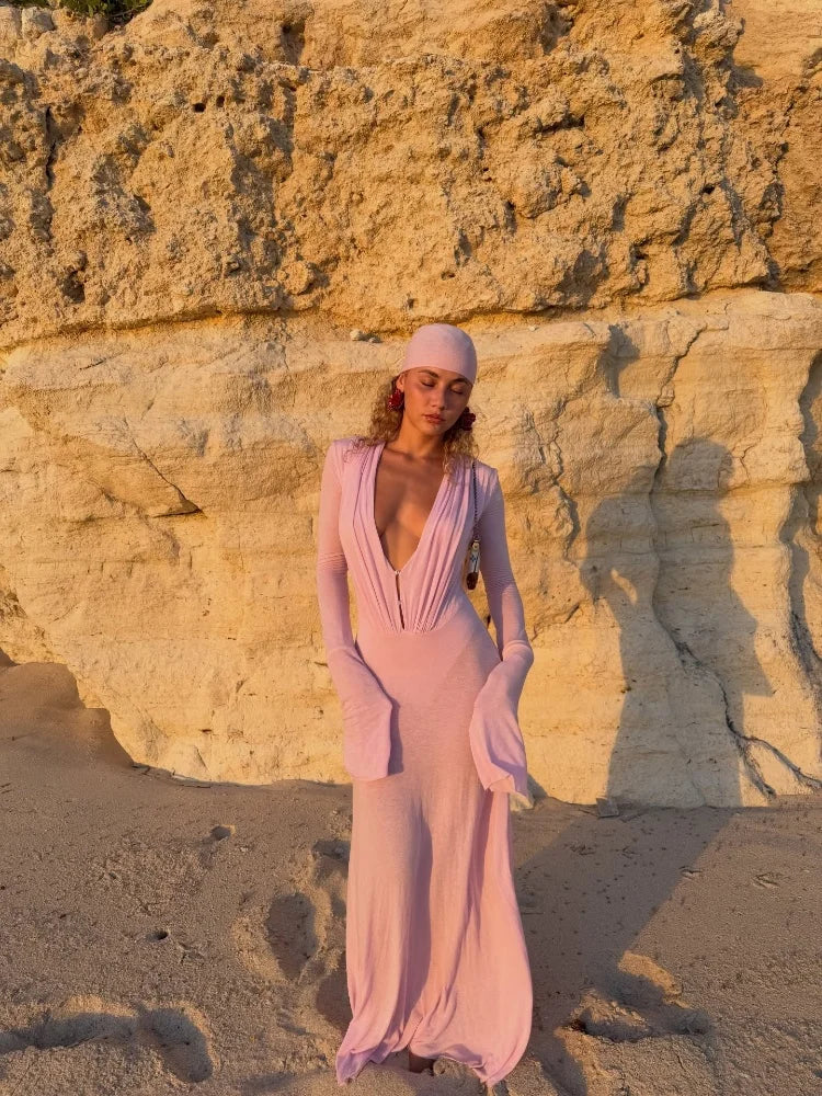 Dreamy Bohemian Sheer Dress Sexy Vintage Slim Fit Elegant Modest Women Dresses Beach Vocation Summer Female Streetwear