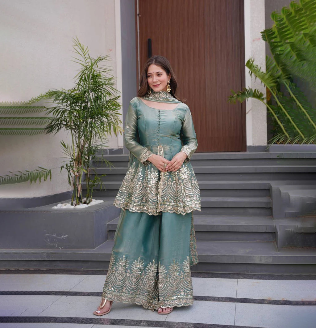 Indian Pakistani Punjabi Winter Sharara Suits Slim Fit Party Wear Faux Georgette Heavy Embroidery Sequin Work Ready To Wear