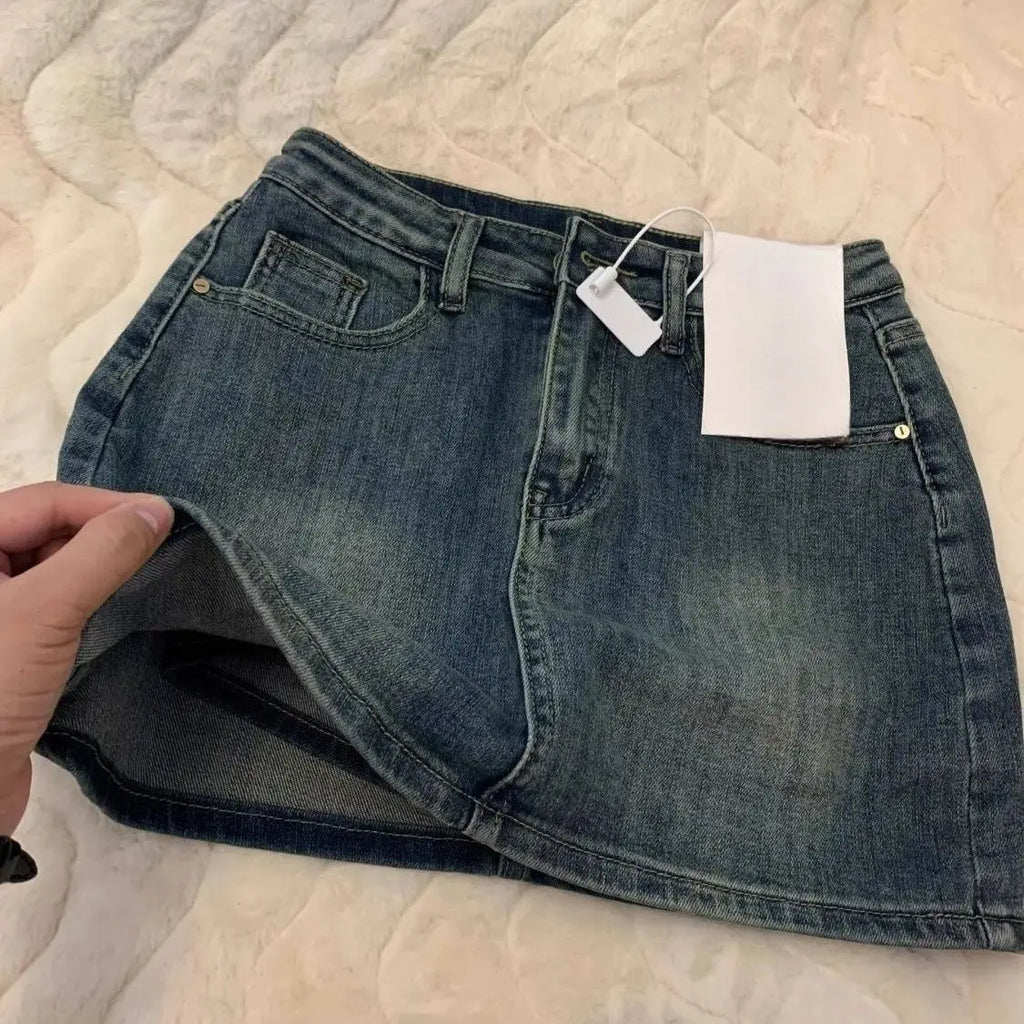 Retro Faded Denim Mini Skirt Women's Small Size Summer New High Waist Loose Fit Anti Exposure Skirt Cotton Denim Half Body Skirt