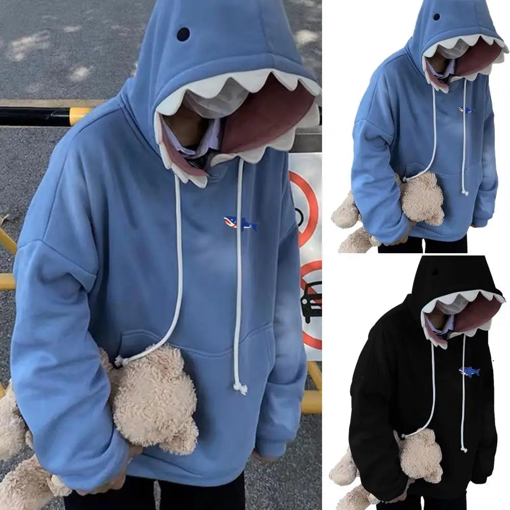 Men Shark Hoodie Winter Pullover Sweater Casual Pocket Long Sleeve Pull Female Solid Hooded Sweaters Trendy Couple's Pullovers