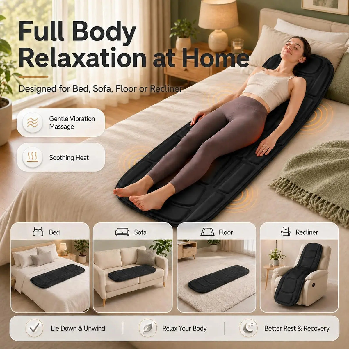 Full Body Heat Vibration Massage Mat Foldable Lumbar Cushion Bed Sofa Floor Relaxation