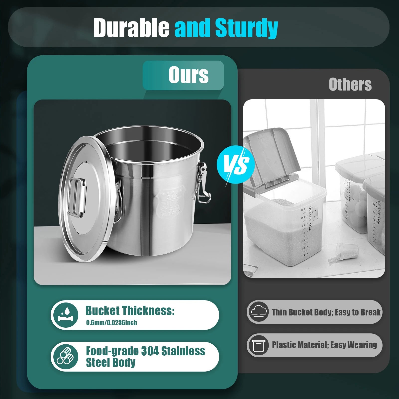 Bymaocar 12L 304 Stainless Steel Cereal Container Metal Kitchen Rice Oil Storage Bucket Airtight Durable, Corrosion Resistant