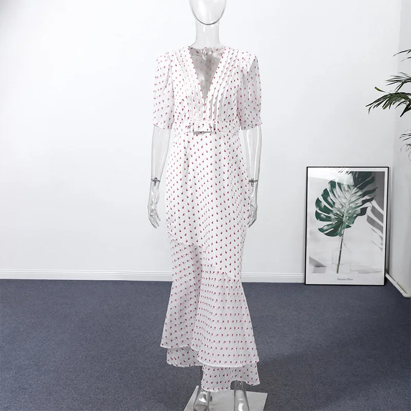 Slim Printed Waist-cinching Fishtail Dress 2026 Summer New Ladies Sexy V-neck Short Sleeve Split Long Robes Women's Party Gowns