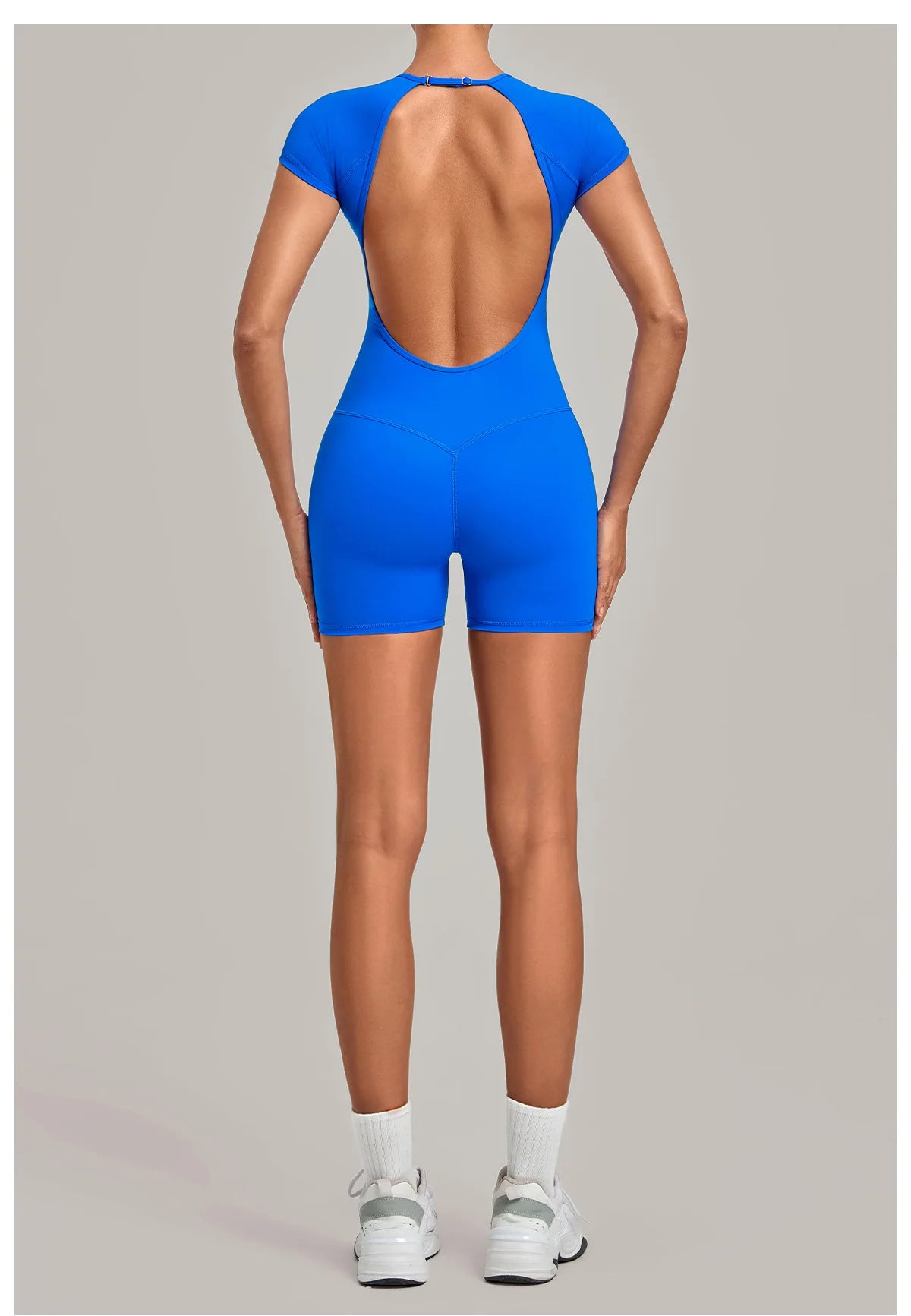 Women Short Sleeve Open Back Yoga Bodysuit Squat Proof Short Jumpsuit Gym Pilates Running Workout Fitness Sport Activewear