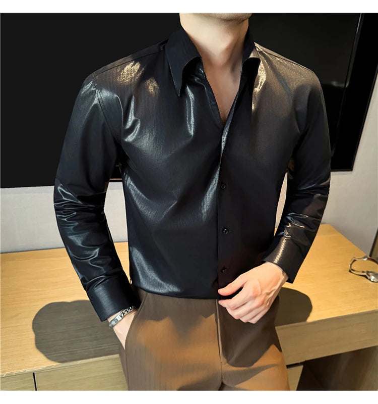 Men's 2026 Spring Luxury Lyocell Cotton Shirt, Leather-Like Texture Jacquard V-Neck, Long Sleeve Business Casual Top