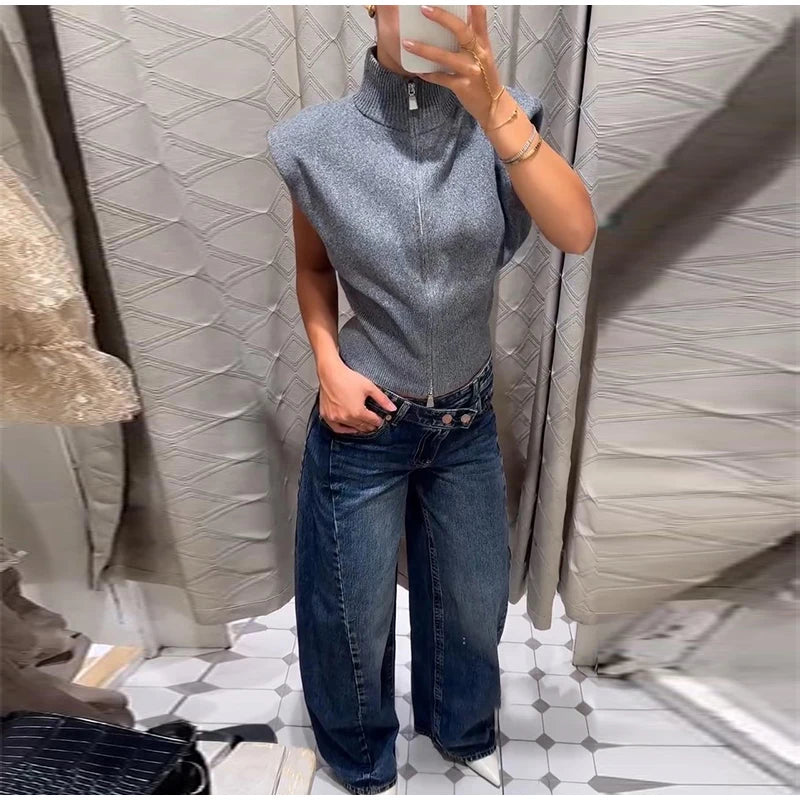 Women's Double Zipper Knit Vest Stand Collar Shoulder Pad Sleeveless Slim Cropped Sweater 2026 Autumn All-match Casual Outfits