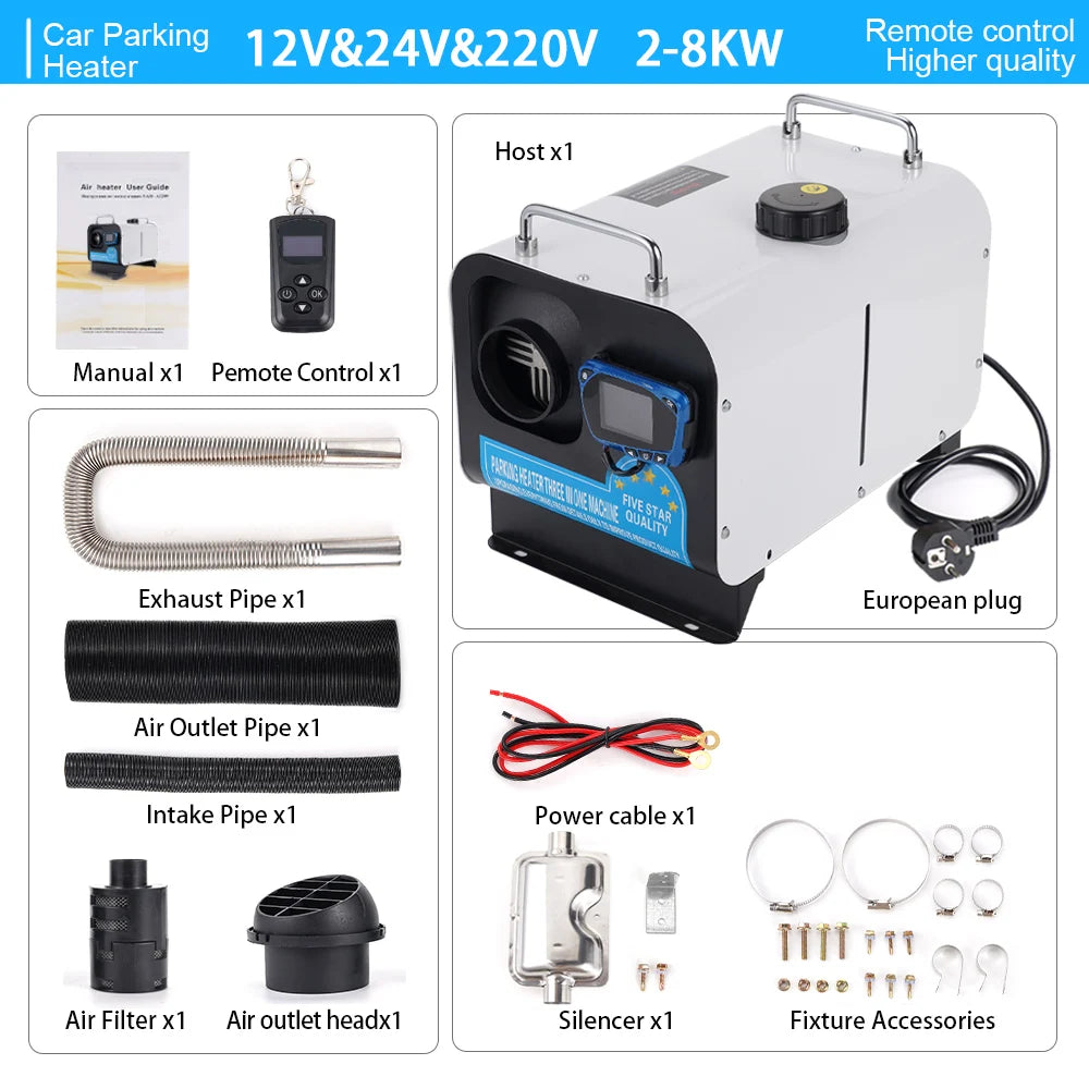 5/8KW Diesel Air Heater 12V/24V/220V Three-in-one White Horizontal Car Heater for Car Truck Boat RV Parking Diesel Heater