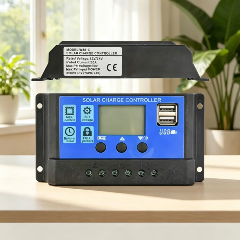 Solar Charge Controller, Photovoltaic Panel PV Regulator, Load Discharger, Auto LCD, Dual USB, 5V Output, 12V, 24V, 30A, 10A