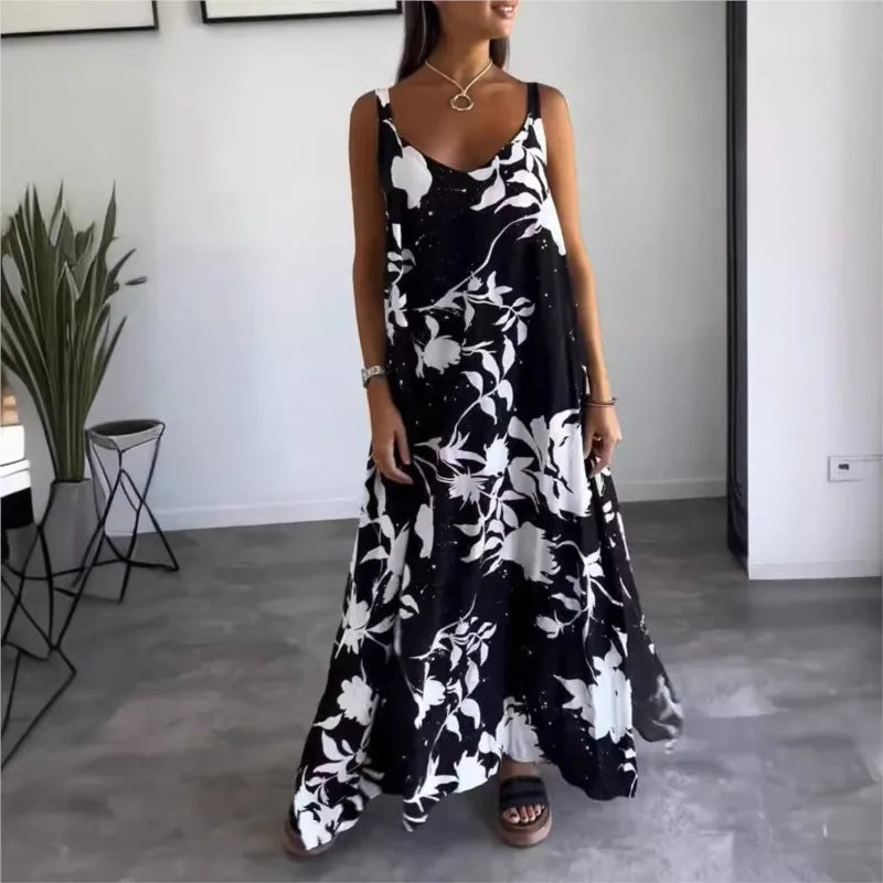 Vestidos Summer Women's Fashionable Printed Camisole Backless Casual Dress 2025 Sexy Women's V-neck Loose Beach Maxi Dresses