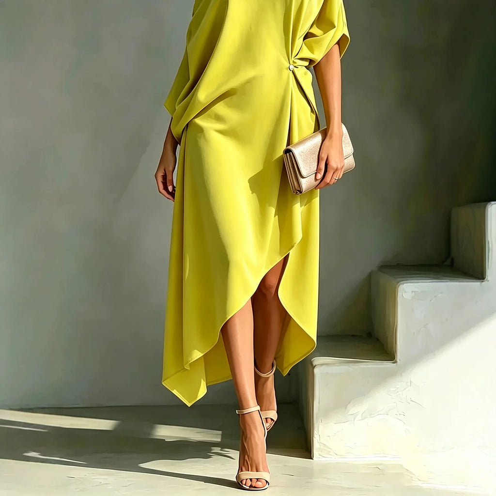 Women Summer Elegant Off Shoulder Half Sleeve chic Dress Batwing Sleeves Irregular Button Design Vintage Casual Holiday Dresses