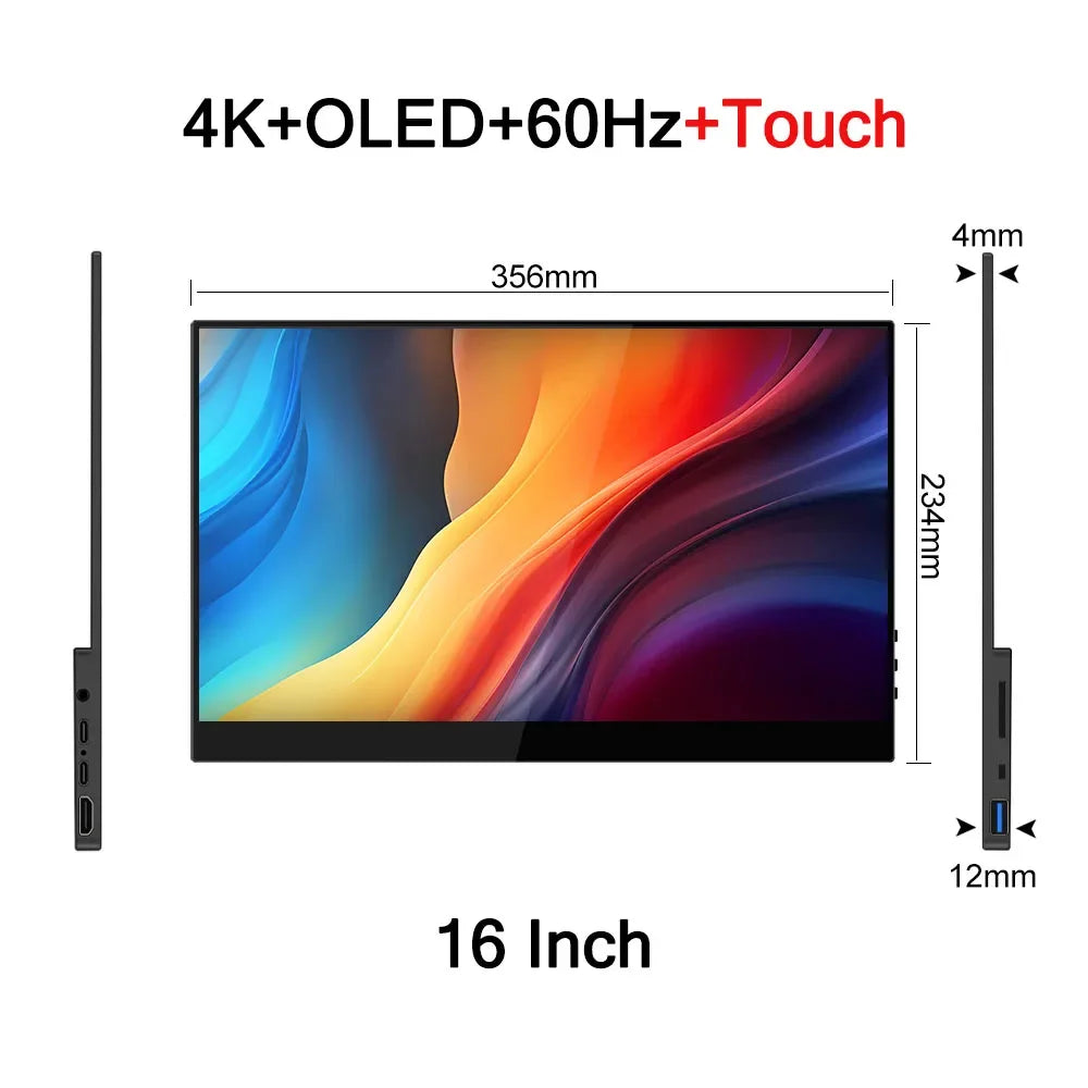 16 Inch 4K AMOLED Touch Screen Portable Monitor 3840*2400P 100%DCI-P3 500Nit 10Bit 100000:1 Display For PC Laptop Phone PS5 Xbox
