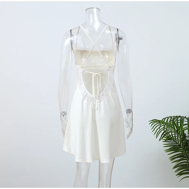 White Satin Women's Mini Dress Backless Patchwork Lace-up Sleeveless Dresses 2026 Fashion Summer Party Evening Elegant Vestidos