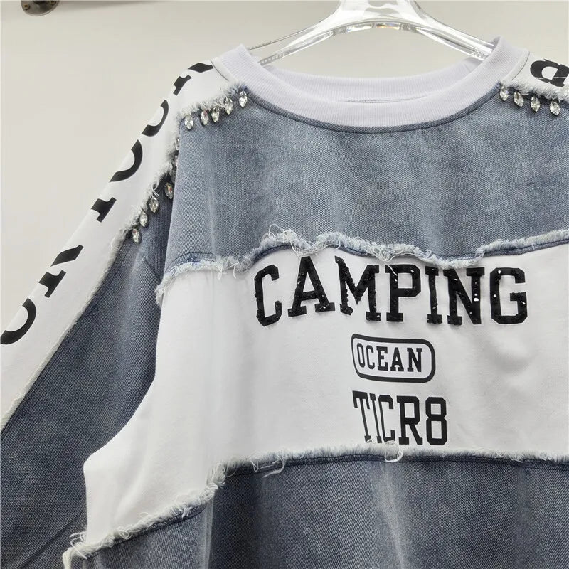 WTHT New Trendy Women's Heavy Industry Diamonds Patchwork Letter Print Sweatshirt 2025 Autumn O-neck Pullovers Female 1LS2533