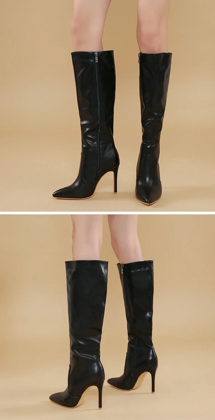 Women's Fashion Elegant Pointed Thin Heel Knee High Long Boots2024 Spring/Autumn PU Panel Side Zipper Boots Western35-42