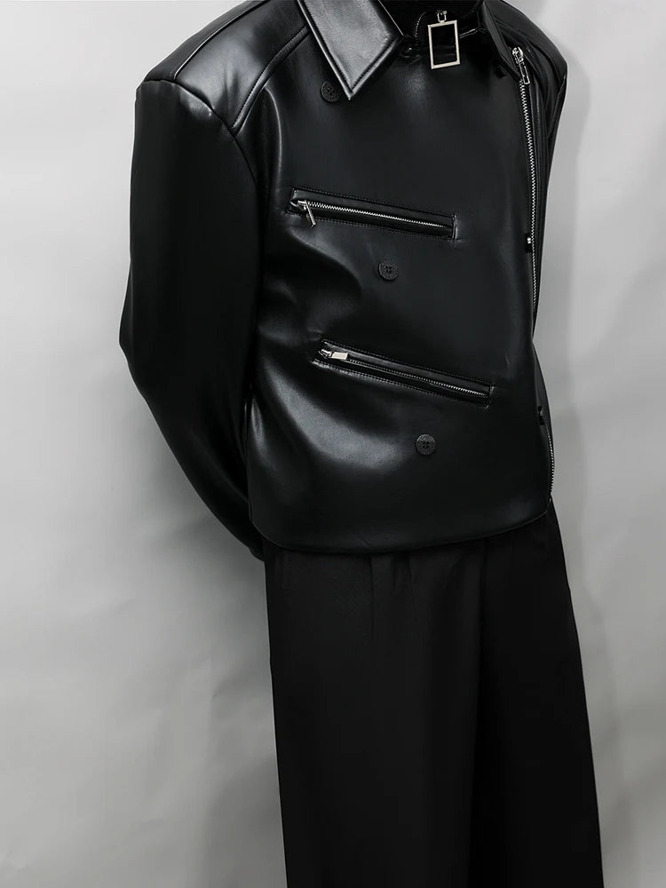 Mauroicardi Spring Autumn Oversized Cool Pu Leather Jacket Men Long Sleeve Stand Collar High Quality Luxury Designer Clothes