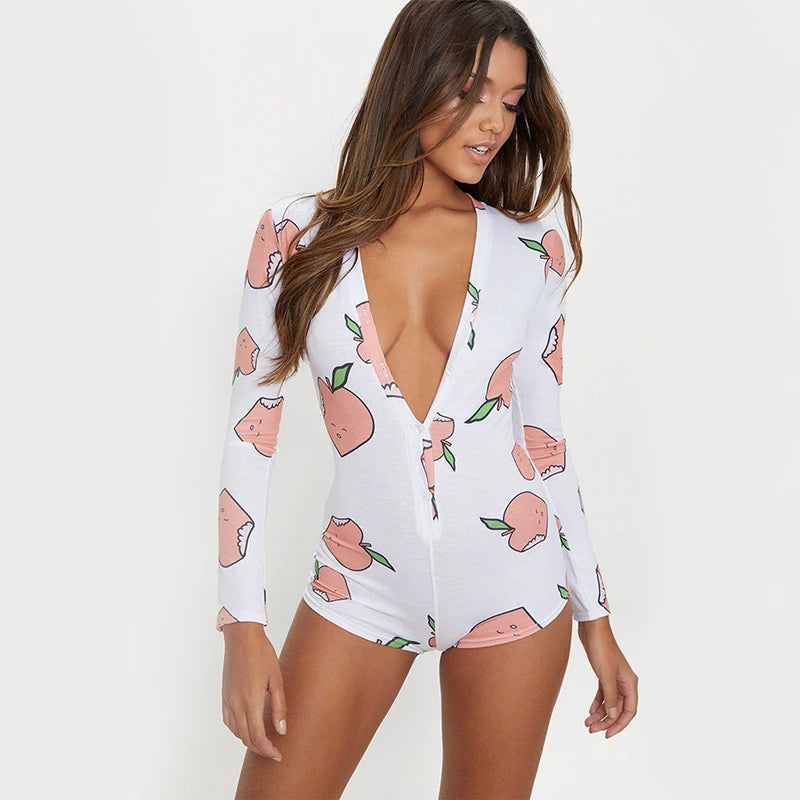 Women Long Sleeve Low Cut Bodycon Sleepwear Spicy Print Short Romper Pajamas Overalls Spring Autumn Housedresses