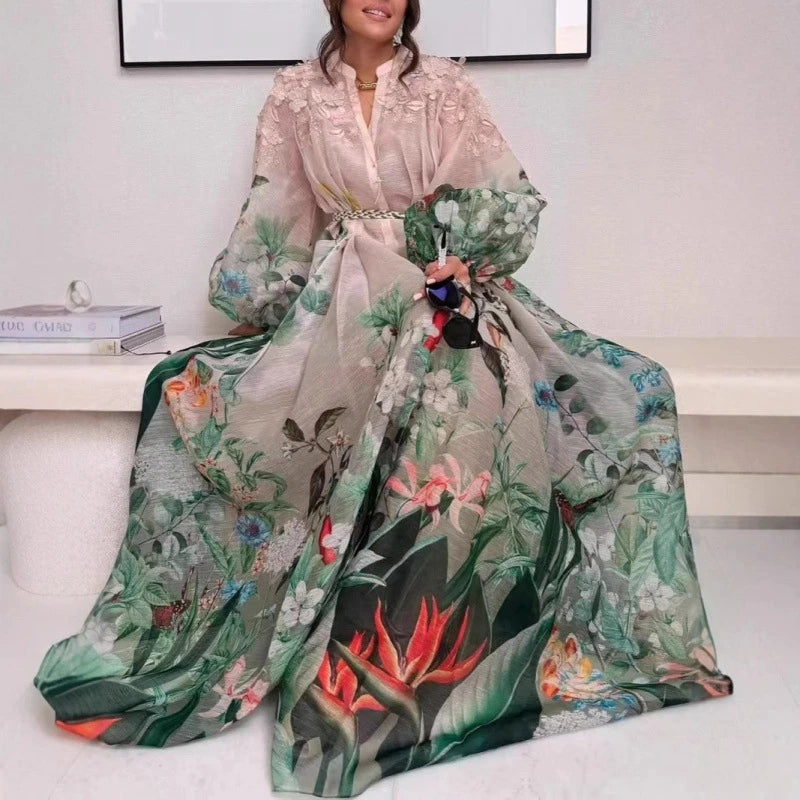 Elegant Maxi Dress for Women V Neck Lantern Sleeve High Waist Spliced Lace Up Colorblock Printed Single-breasted Dresses Female