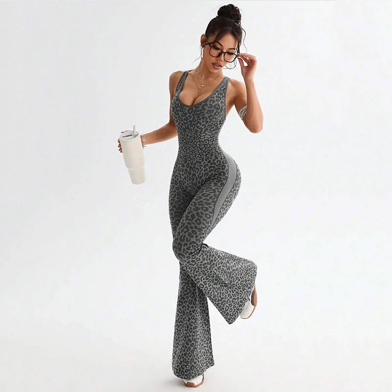 Sexy Backless Leopard Print Jumpsuit Women Slim Hip Lifting Sports Yoga Wear Flared Pants Sports Woman One-Piece Tracksuits Lady