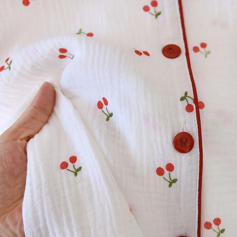100% Cotton Women Pajamas Cherry print Pajamas Autumn Long sleeved pants Female 2 Piece Set Nightwear  Lady Pyjamas Loungewear