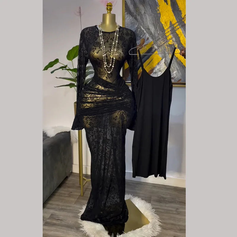 CM.YAYA Women Long Sleeve Ruched Mesh See Though with Lining Bodycon Long Dress 2025 Fall Evening Birthday Sexy Party Dresses