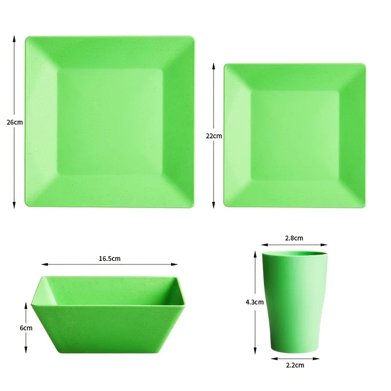 16Kitchen Set Made from Plastic Wheat Straw, Suitable for 4/8 People, Includes Plates, Dessert Plates, Cereal Bowls,