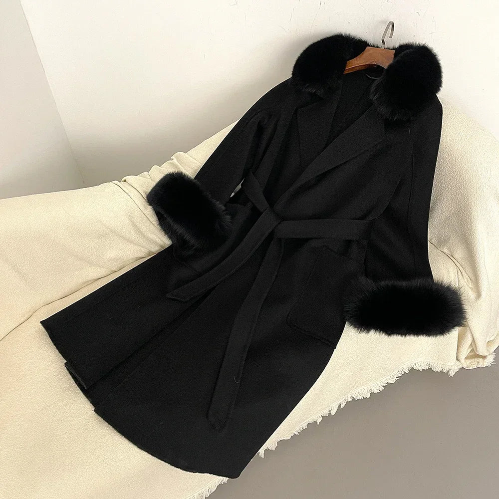 Fox Fur Coat for Women Wool Woolen Natural Real Fox Fur Collar Winter Jacket Ladies Belt Warm Outerwear Streetwear 2024