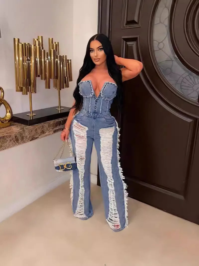 Tassel Hollow Out Overalls For Women Studded Diamond Strapless Backless Jeans Street Fashion Trend Jumpsuite Femme