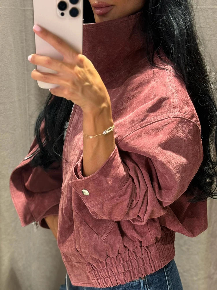 Faux Suede Women Winter Jacket Belted Waist Autumn Coat Stand Collar Short Jacket Cargo Jacket Daily Commute Wear Street Style