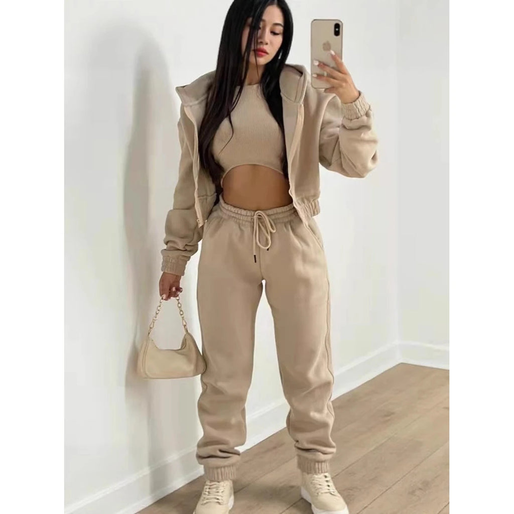 Women's Three-Piece Set Fleece-Lined Hoodie Sweatpants Sporty Casual Winter Outfit Complete Matching Long Pants Leggings