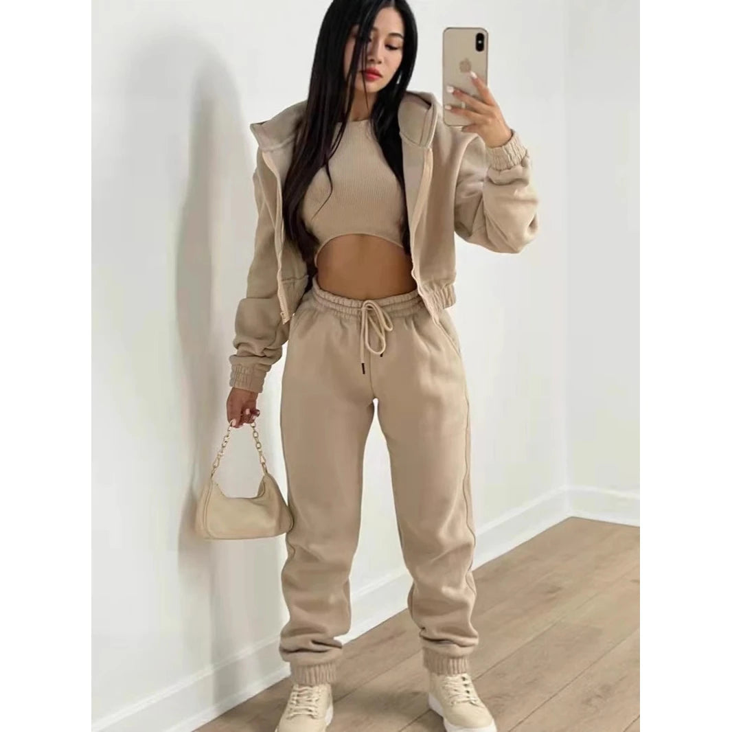 Women's Three-Piece Set Fleece-Lined Hoodie Sweatpants Sporty Casual Winter Outfit Complete Matching Long Pants Leggings