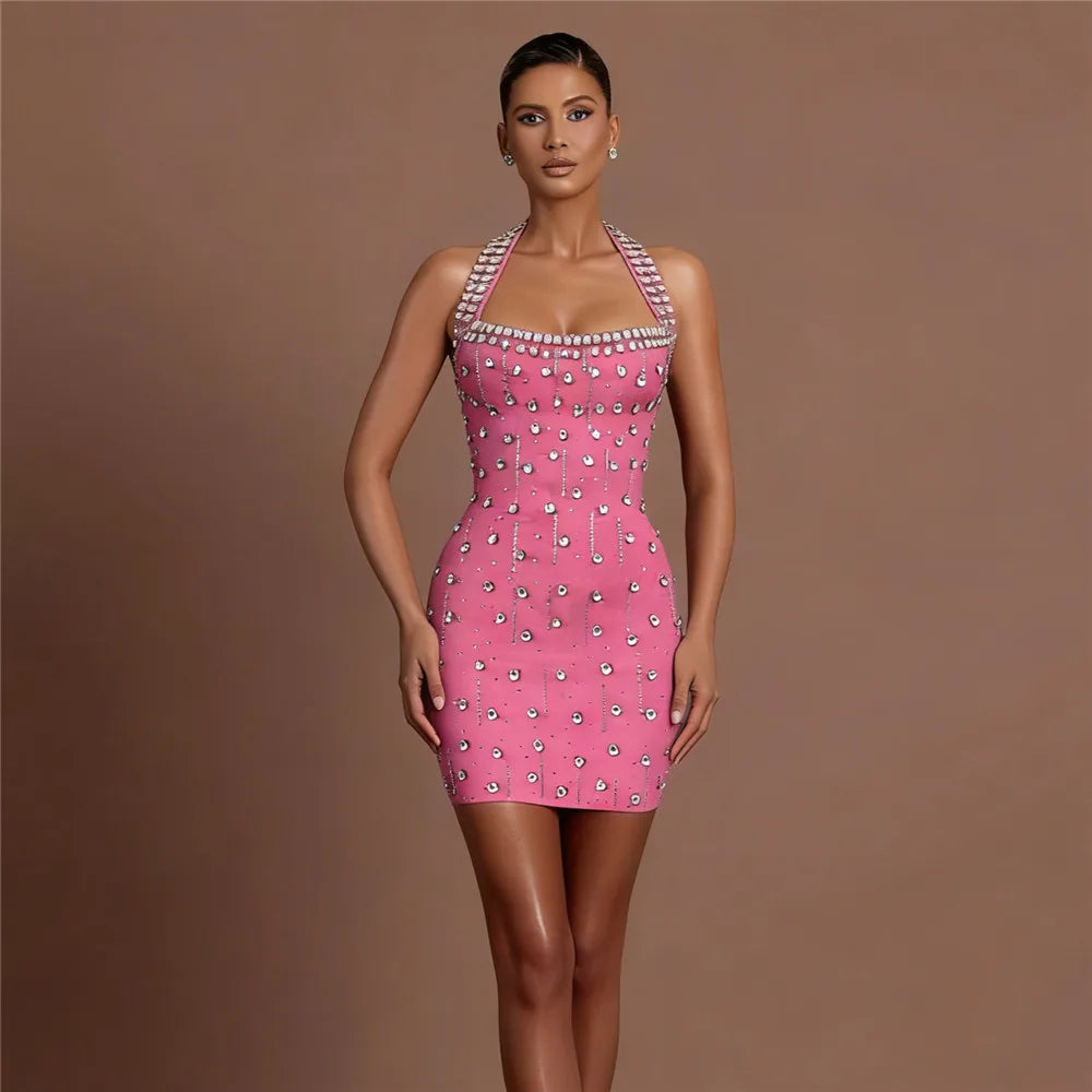 Luxury Diamond Rhinestone Women Summer Halter Bandage Dress Club Evening Party Mini Dresses