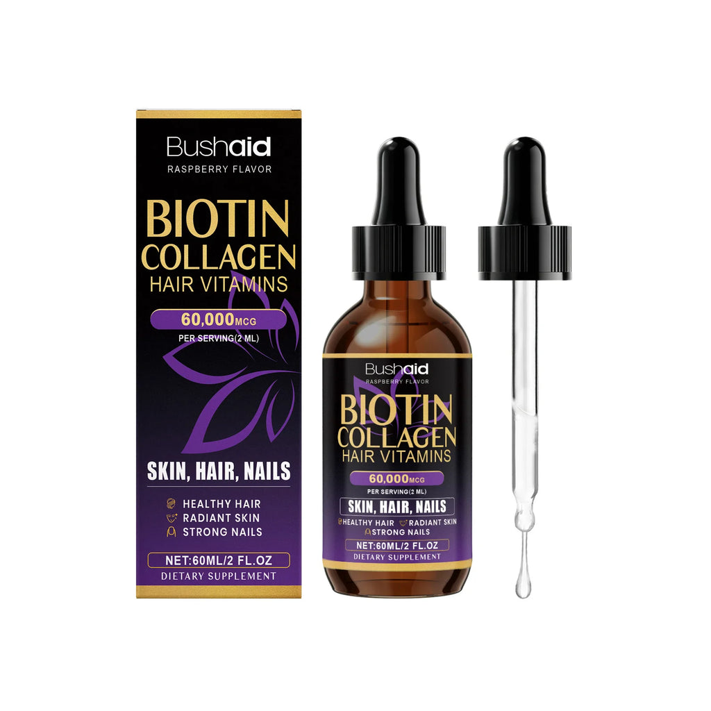 BushAid Biotin Collagen Hair Vitamins Liquid Drops Supports Strong Hair Structure and Helps Maintain Nail Toughness 60ml