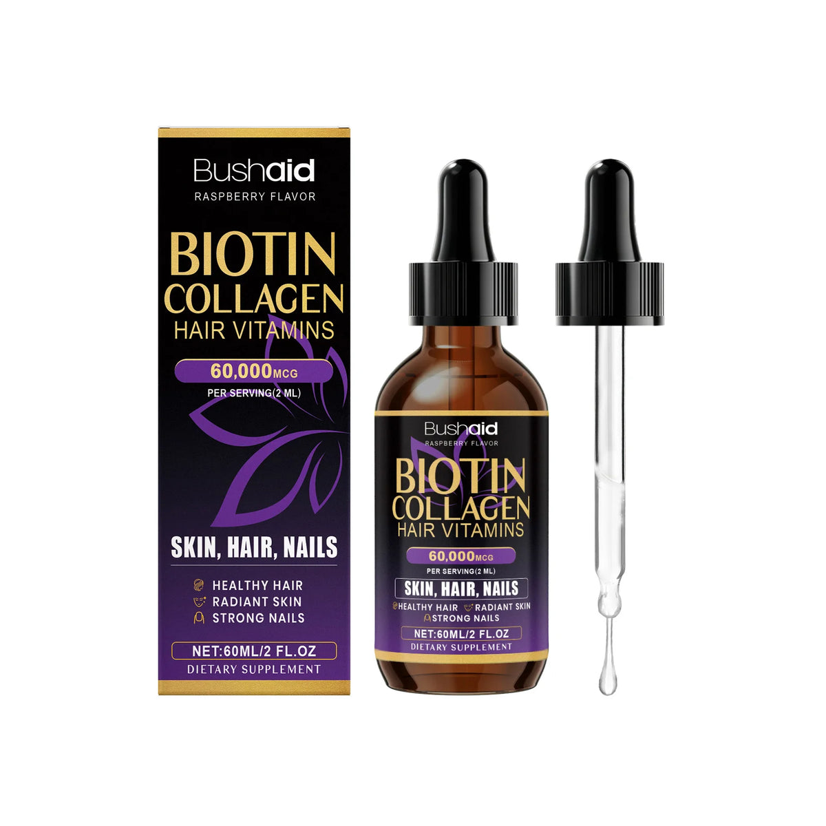 BushAid Biotin Collagen Hair Vitamins Liquid Drops Supports Strong Hair Structure and Helps Maintain Nail Toughness 60ml