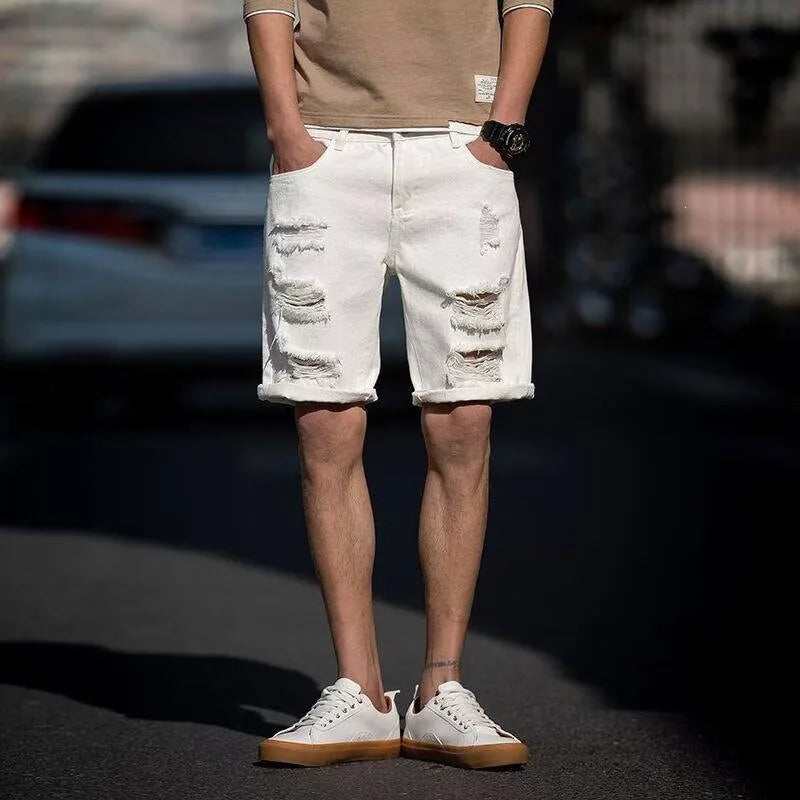 Men's Fashion Denim Shorts Summer Ripped Casual Denim Knee Length Solid Jeans Shorts White Classic Jeans Shorts Y2k Streetwear