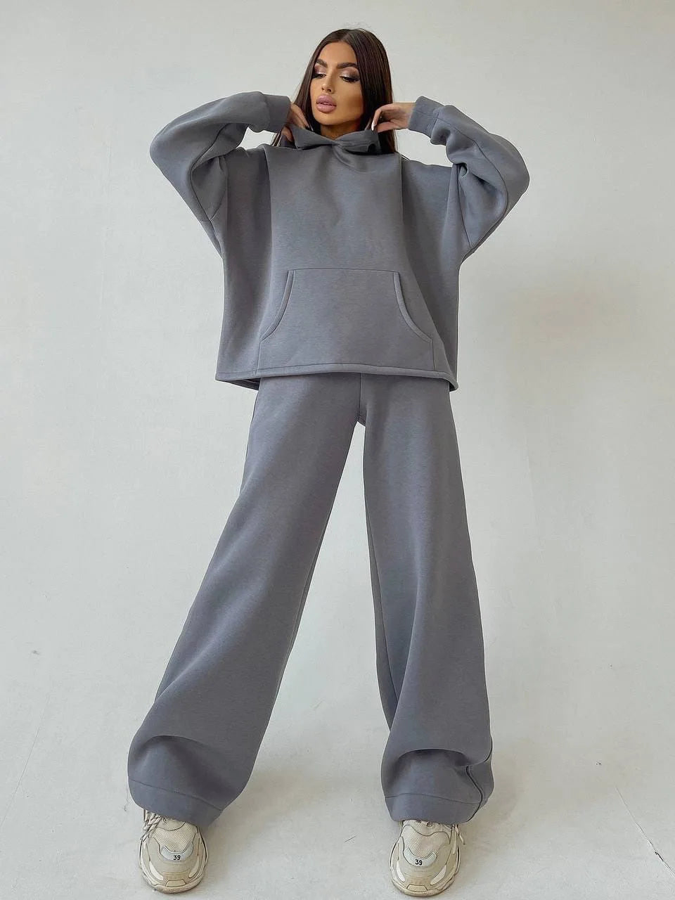 Woman's Solid Color Hooded Sweatshirt Pant Two-piece Set Fashion Long Sleeves Pocket Pullovers Pants Suits Ladies Loose Outfit
