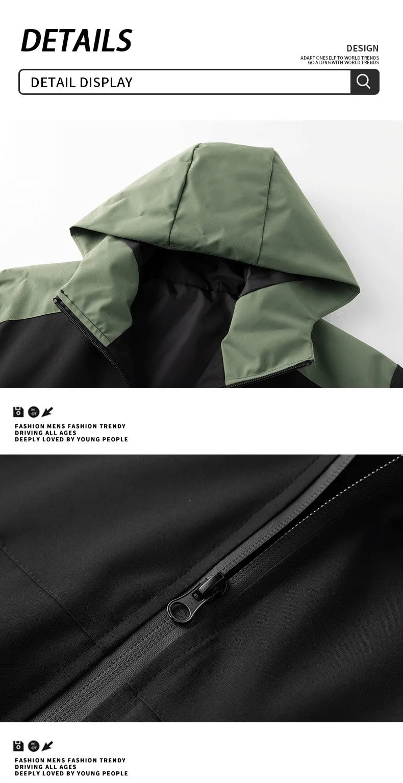 Men's Windproof Waterproof Hooded Jackets Big Pockets High Street Print Outdoor Windbreaker Coat for Hiking Trekking Streetwear