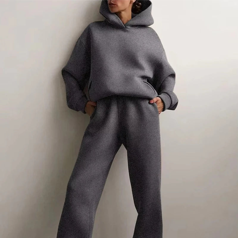 Two Piece Pant Sets Women Solid Thick Sweatshirts Hooded Full Sleeve Elastic Waist Spliced Long Pants Pockets Casual Suits