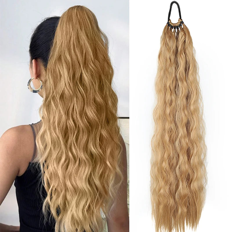 Synthetic Long Curly Hair Ponytail 24inch Wavy Ponytail Extensions with Elastic Hair Tie Women Hairpiece for Daily Party Wear