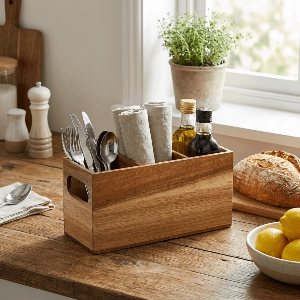 Kitchen Tools Wooden Utensil Organizer Space Saving 3 Compartment Cutlery Holder Rustic Durable Storage Rack Kitchen