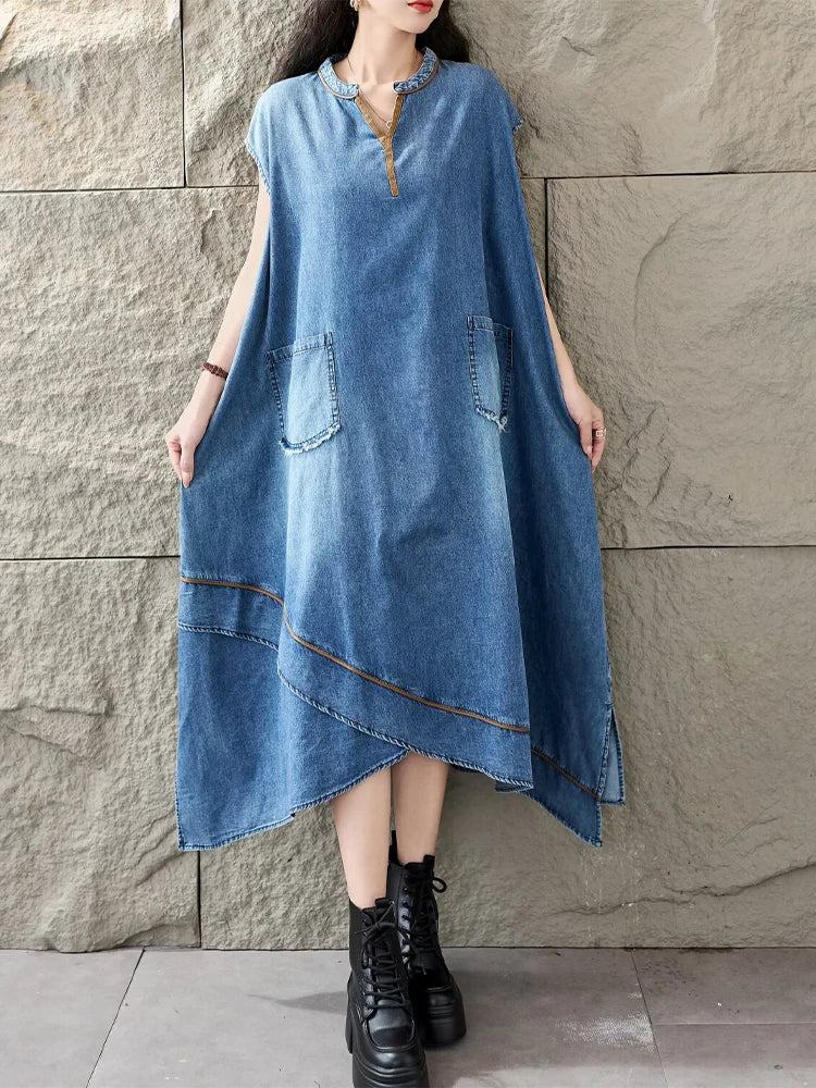 Amax LuluE Korean Summer Long Clothes Womens Fashion Loose Denim Dresses Ladies Classic Casual Big Size Elegant V Neck Vestidos