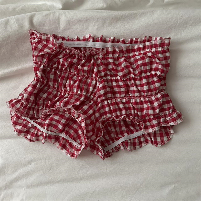 Kawaii Harajuku Ruffled Shorts Y2k Gingham Red Bloomer Girl Women Elastic Waist Ruffles Cake Shorts Bottoming Lolita Pettipants