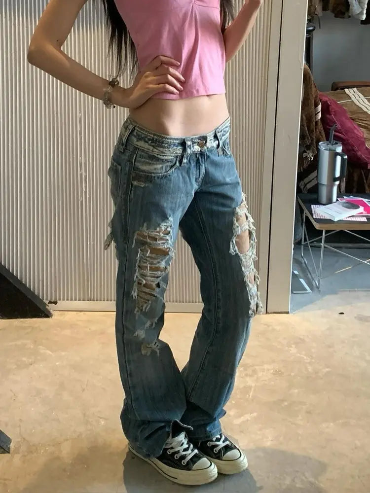 Women Streetwear Vintage Ripped Jeans 2026 Summer Hole Design 2000s Boyfriend Denim Pants American Retro Casual Trousers