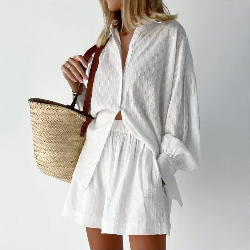 Women's Two Piece Set Outfits Summer Fashion Loose Shorts Long Sleeved Elegant Shirt 2 Piece Sets Suit For Women Streetwear 2026
