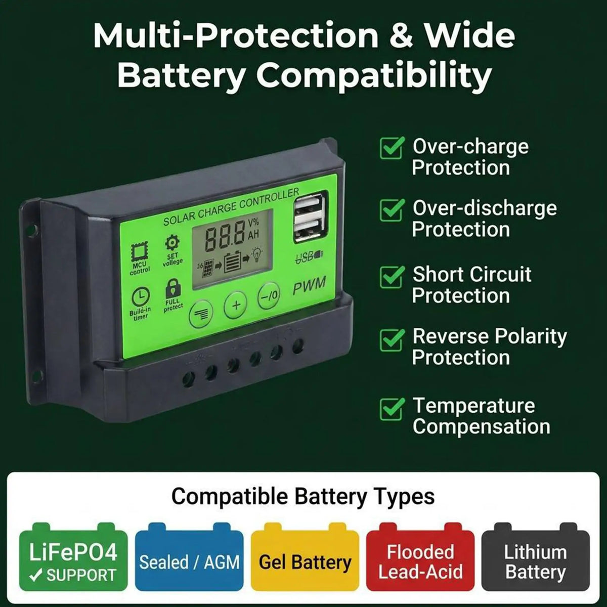 Solar Panel Charge Controller 12V/24V 30A LCD Display Regulator Solar Power Controller For RV Camper Trailer Van Truck Car Home