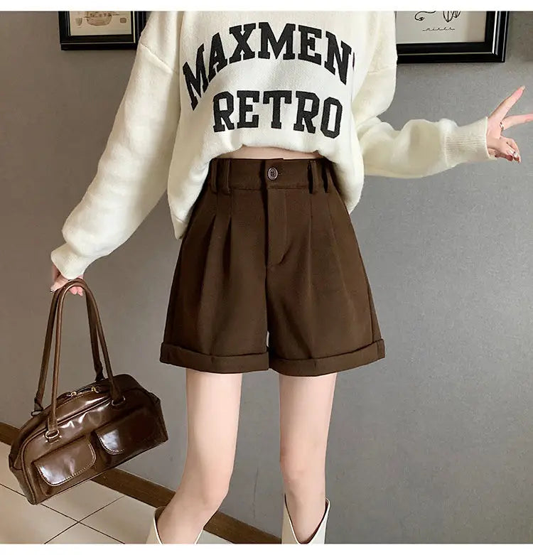 Women Office Lady Summer 2025 Solid Brown Thick High Waist Shorts Korean Style Wide Leg Boot Pants